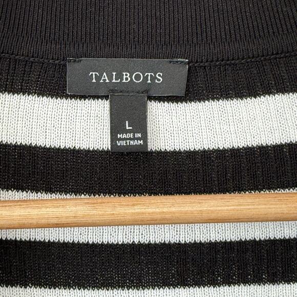 Talbots Size L Ribbed Knit Johnny Collar Pullover Mariner Stripe Top Black White - Picture 4 of 7